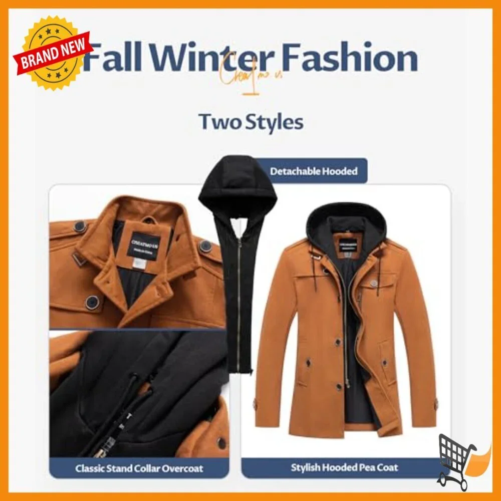 Men's Wool Blend Pea Coat with Detachable Hood, Windproof Overcoat